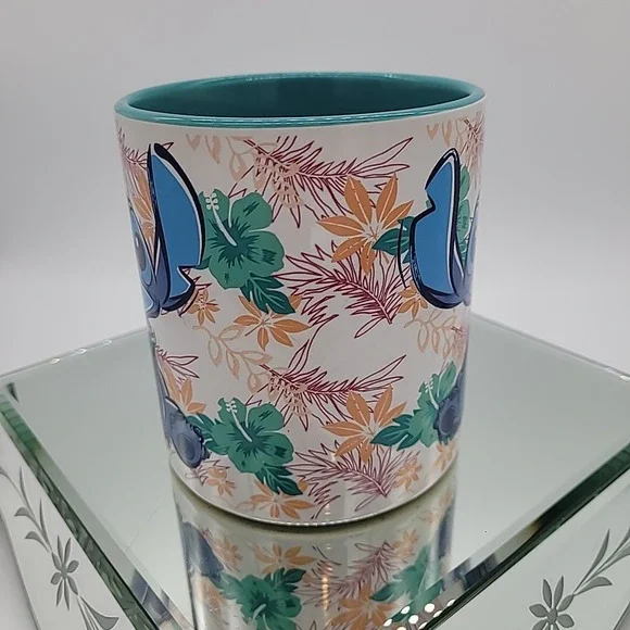 Disney Lilo & Stitch Tropical 20oz Ceramic Mug Large Floral White Teal Inside - Picture 5 of 12